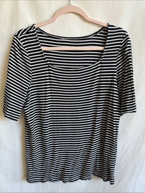 Nordstrom black and white stripe square neck short sleeve knit top, size XL